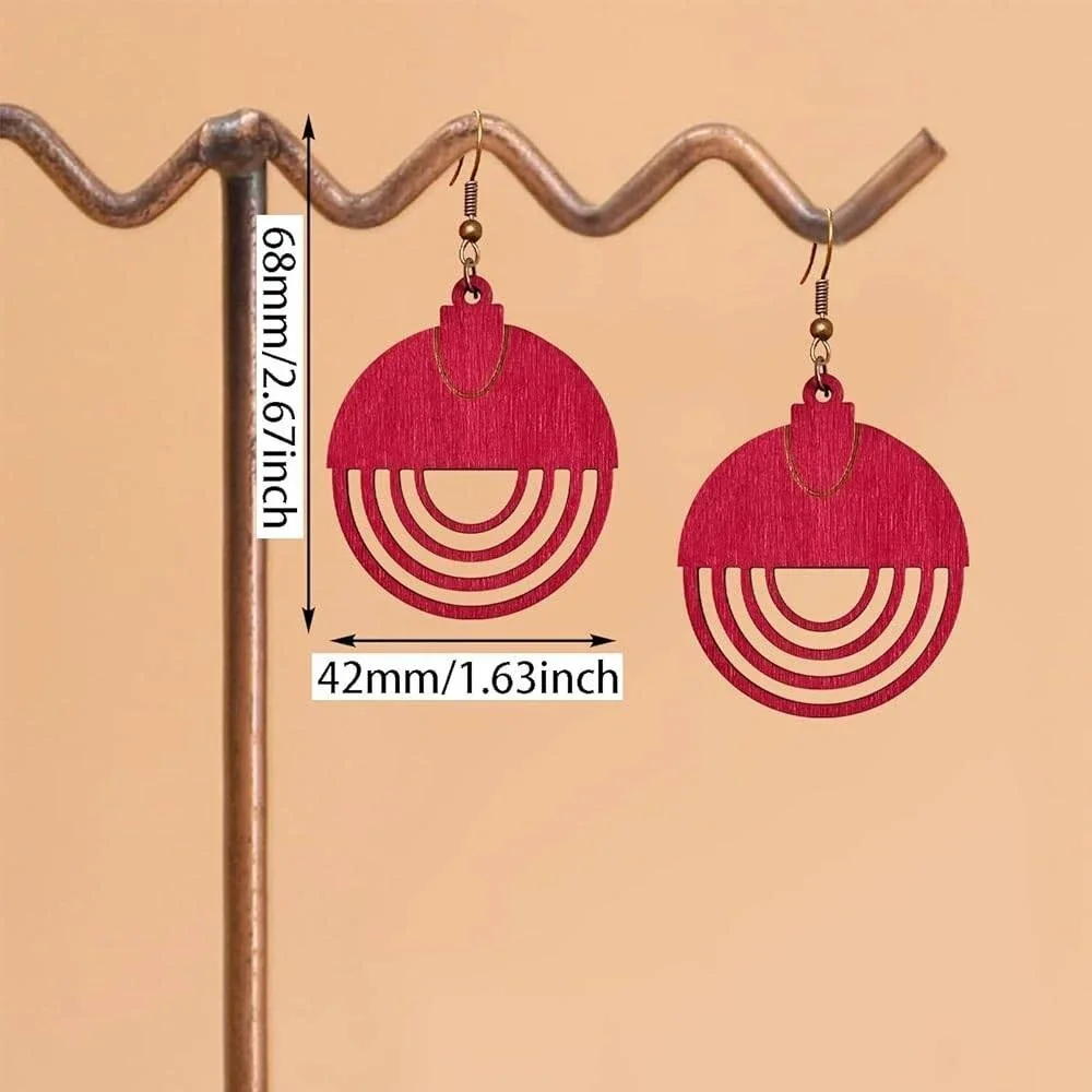 Wooden Dangle Earrings Boho Geometric Lightweight‎ Statement Earrings